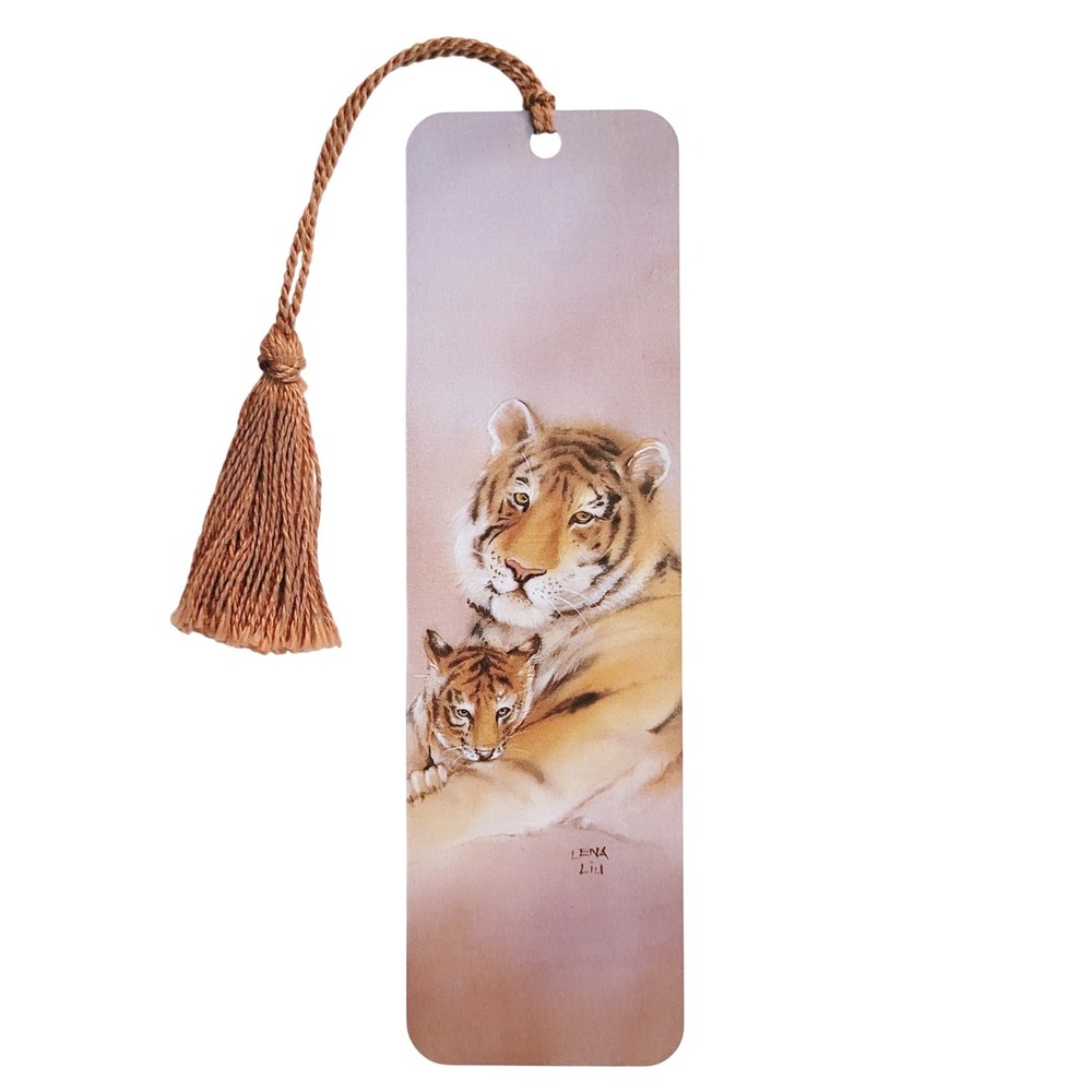 Vintage 90s Tigers Bookmark- mom & baby cub- Lena Liu- 1995 tassel Artworks LL40